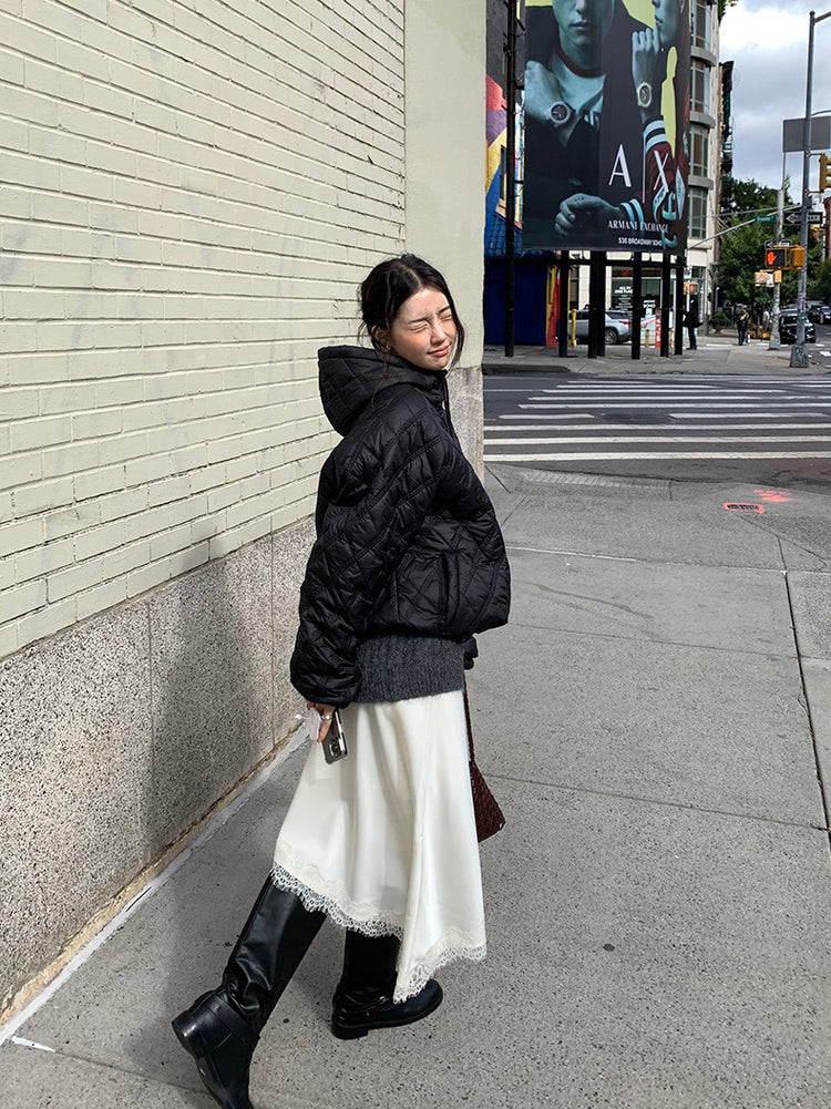 光澤感蕾絲邊不對稱細節半裙