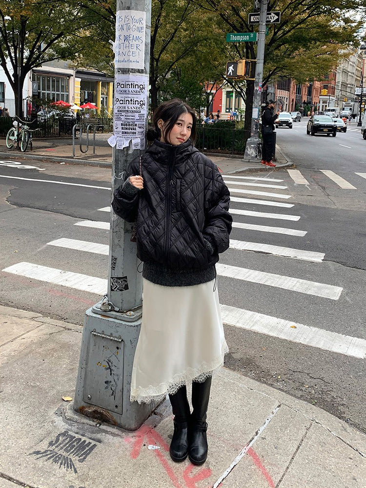 光澤感蕾絲邊不對稱細節半裙