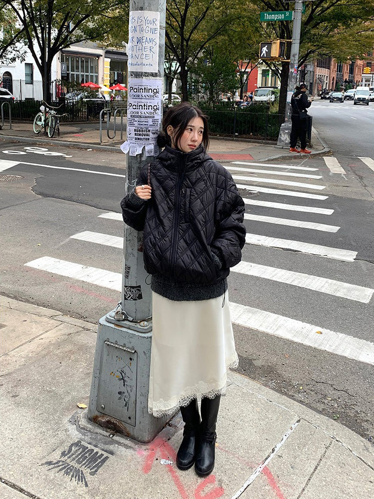 光澤感蕾絲邊不對稱細節半裙