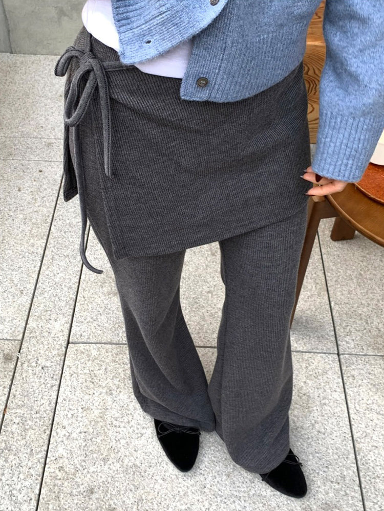 側綁帶細長腿假兩件裙褲