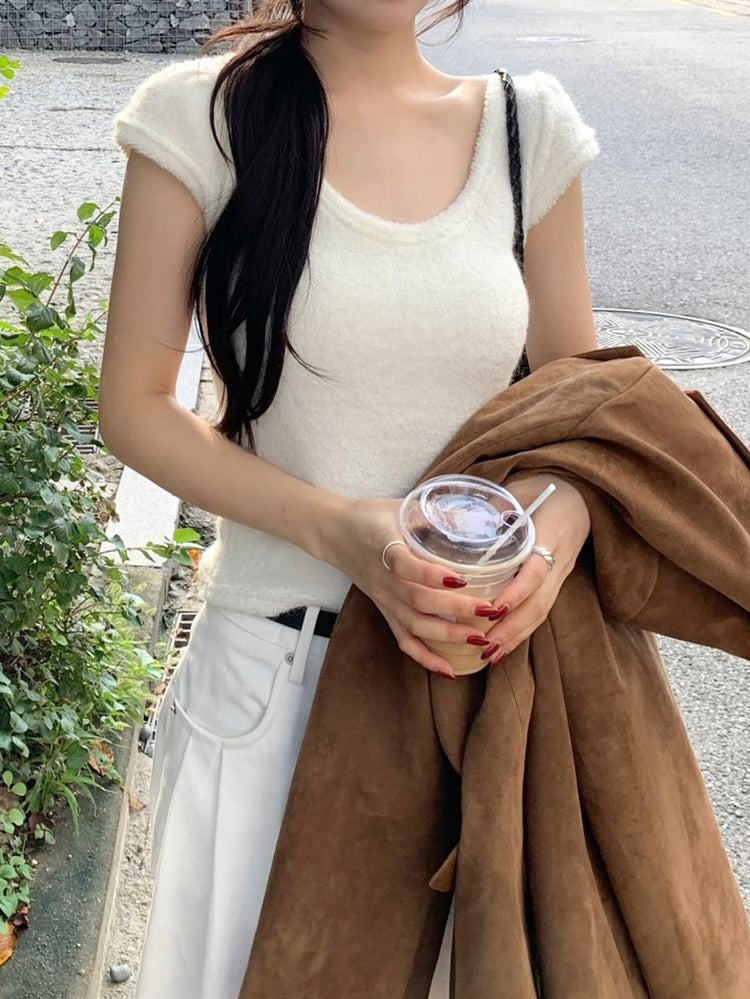 U領圈毛質感針織上衣