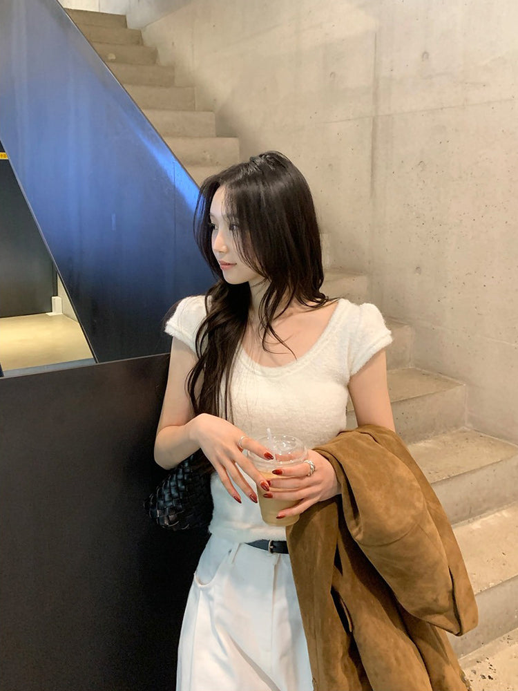 U領圈毛質感針織上衣