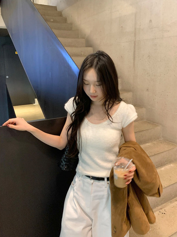 U領圈毛質感針織上衣