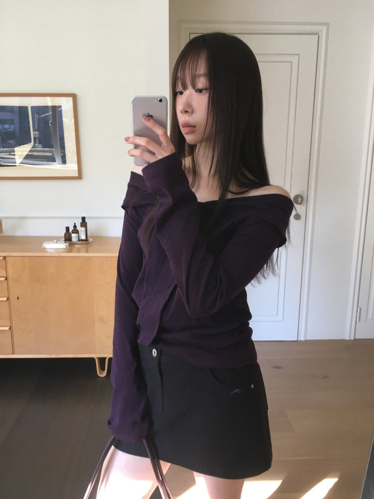 美肩垂帶領結條紋上衣