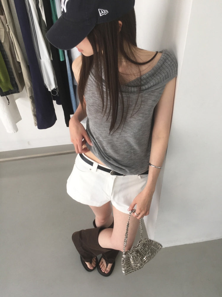 美肩坑紋反折針織上衣