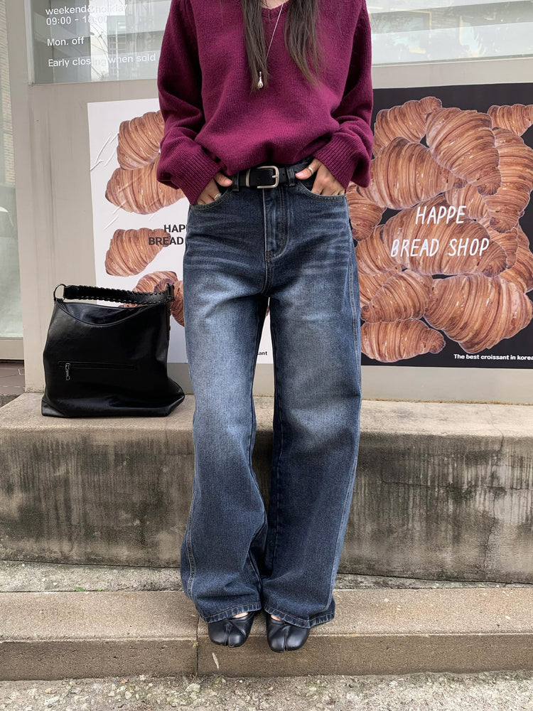 復古美刷色側前壓線細節牛仔褲