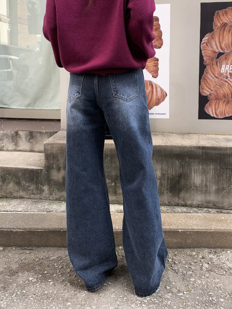 復古美刷色側前壓線細節牛仔褲