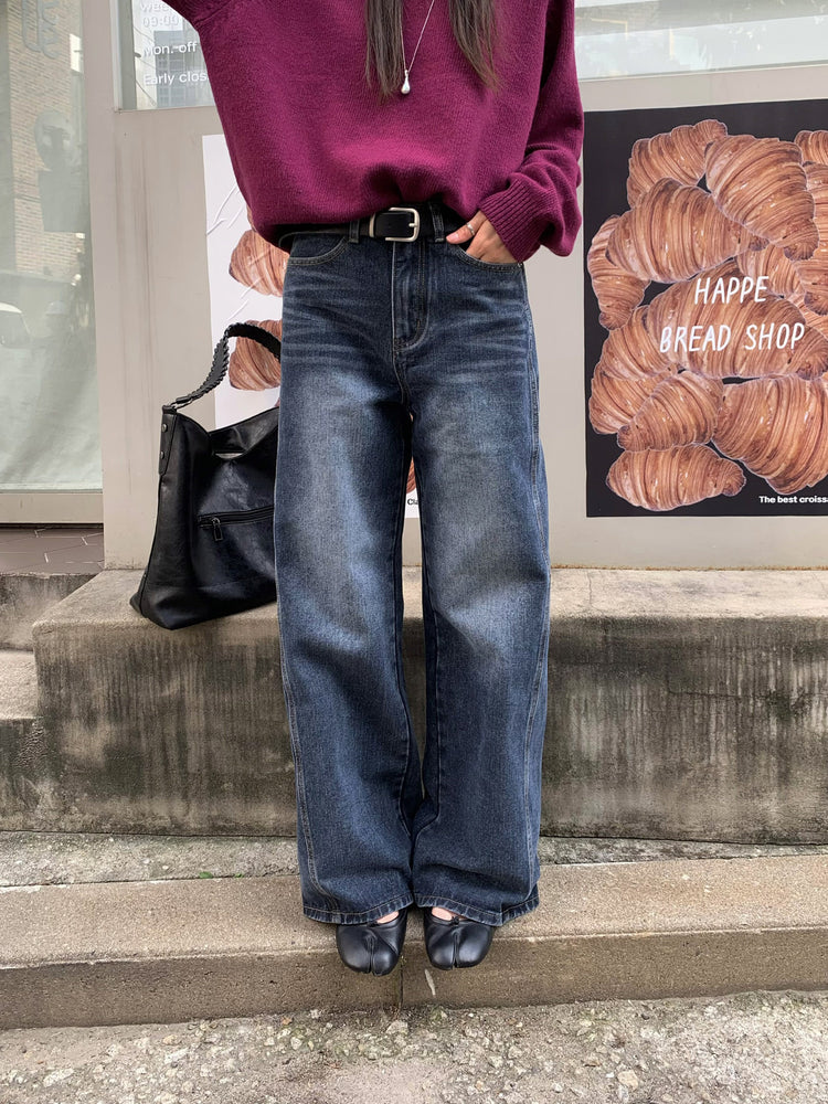 復古美刷色側前壓線細節牛仔褲