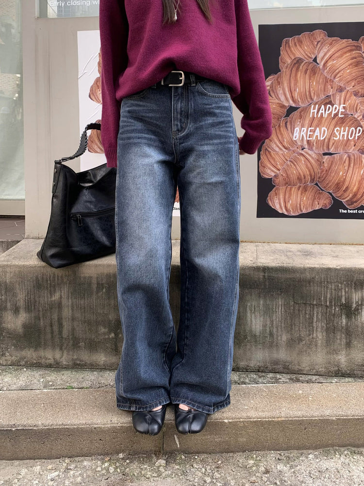 復古美刷色側前壓線細節牛仔褲