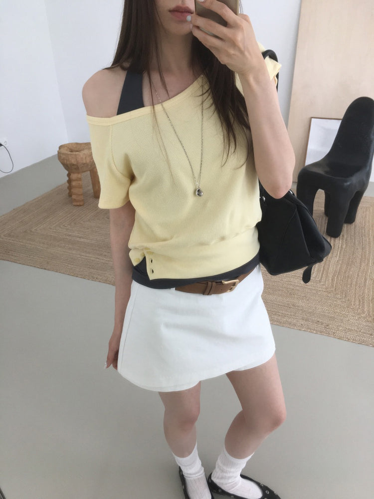 S/S 美肩撞色掛脖兩件式上衣