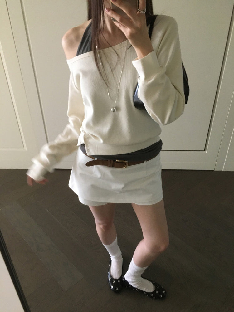 美肩撞色掛脖兩件式上衣
