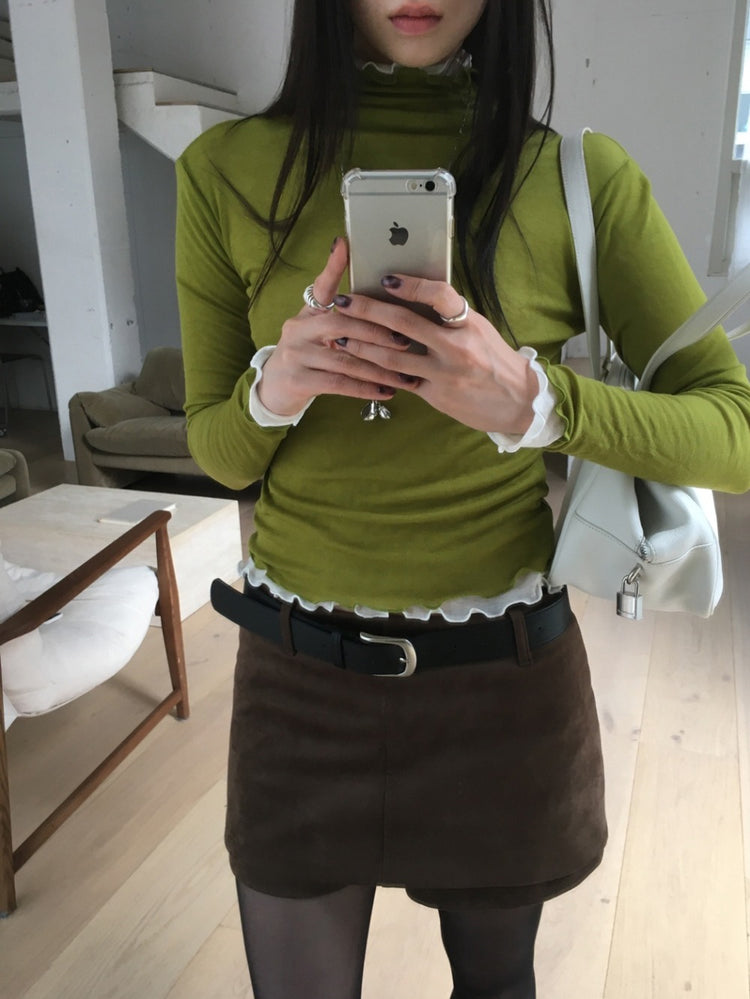 美色微透捲邊細節修身上衣