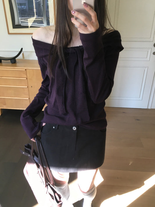 美肩垂帶領結條紋上衣