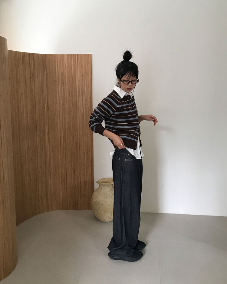 美色條紋排鈕針織外套