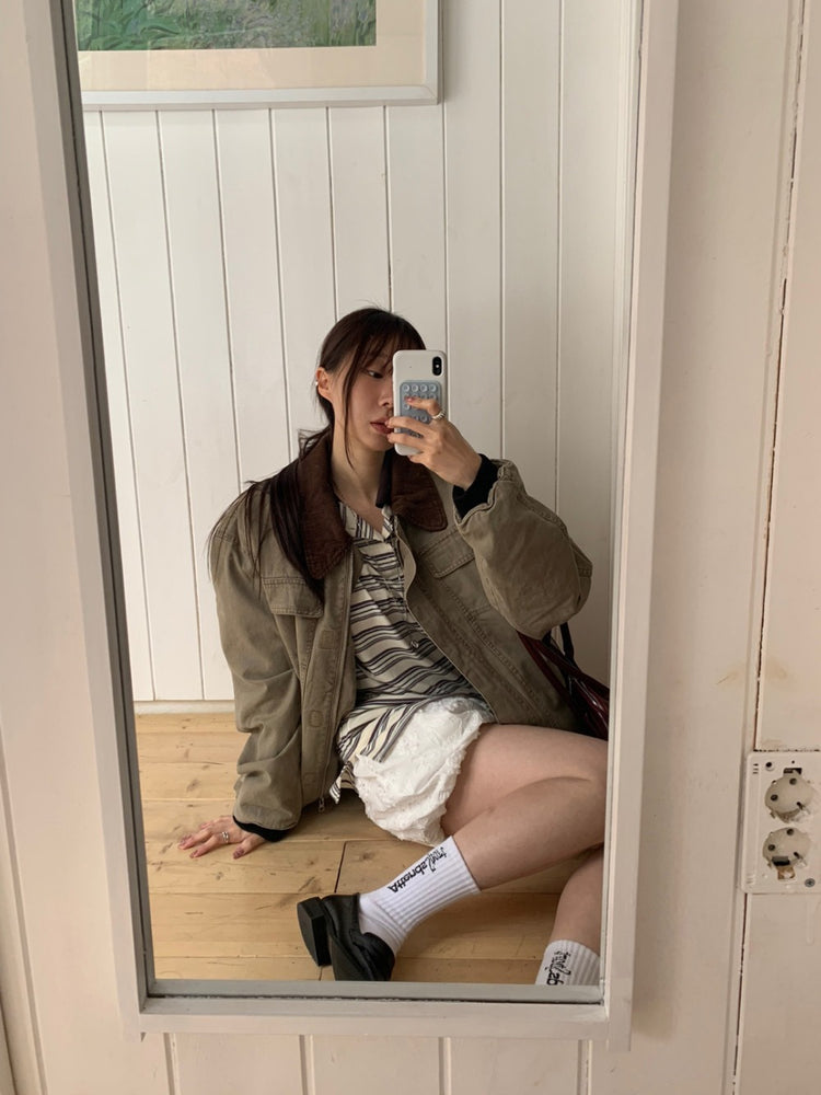 翻領條紋寬鬆上衣