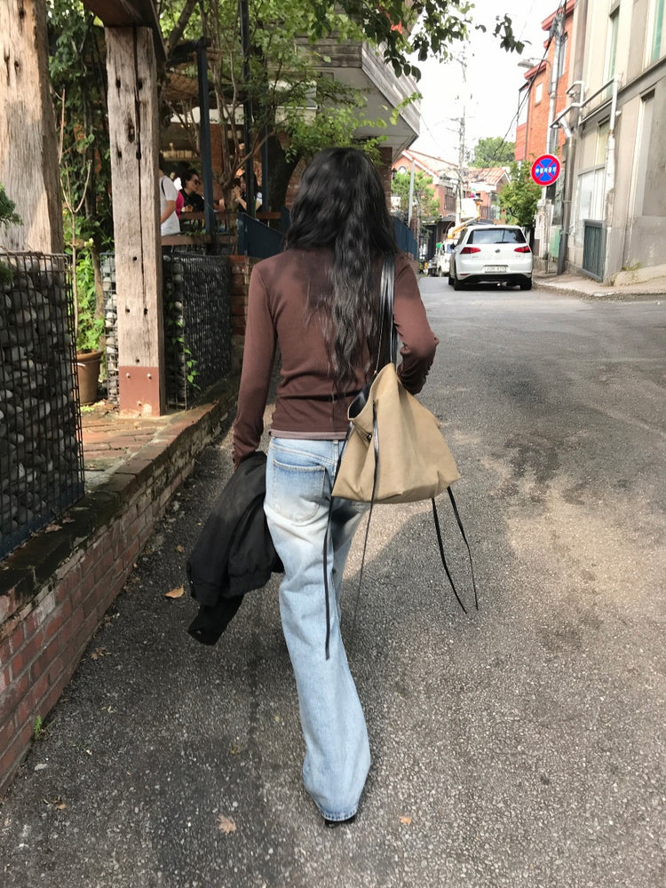 帆布拼接皮垂帶細節大容量袋