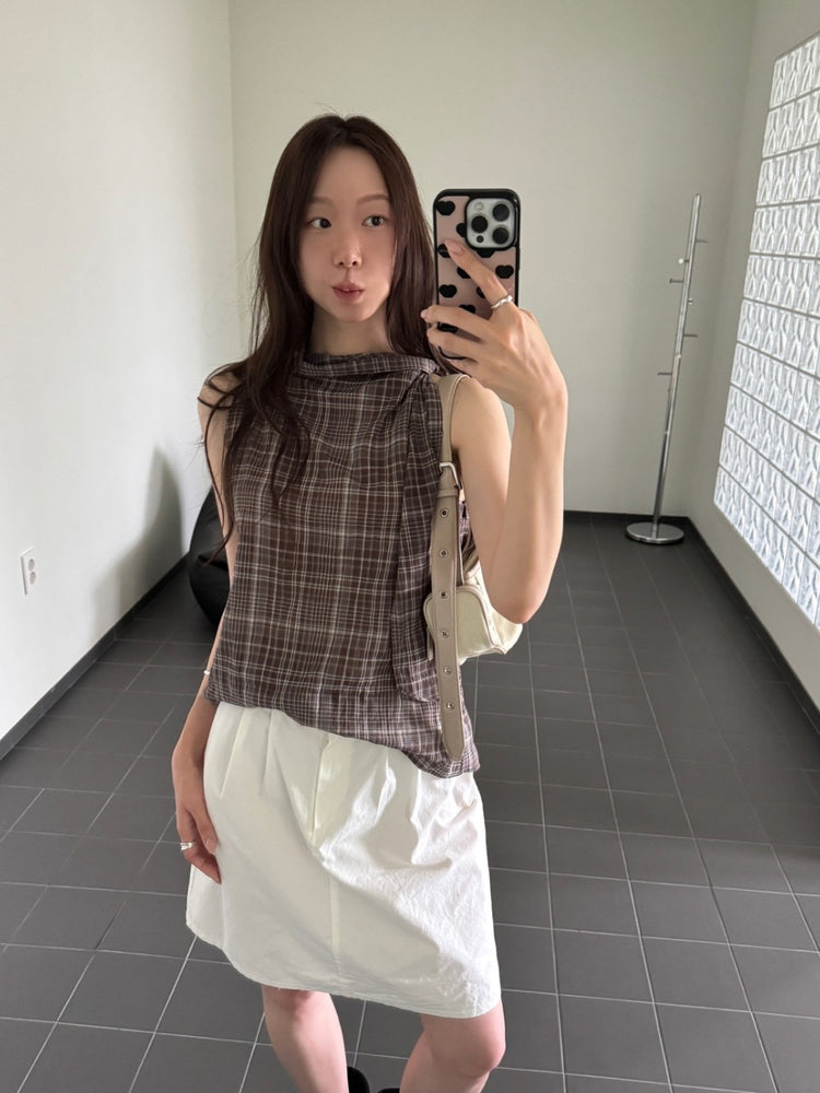 格紋側綁帶細節上衣