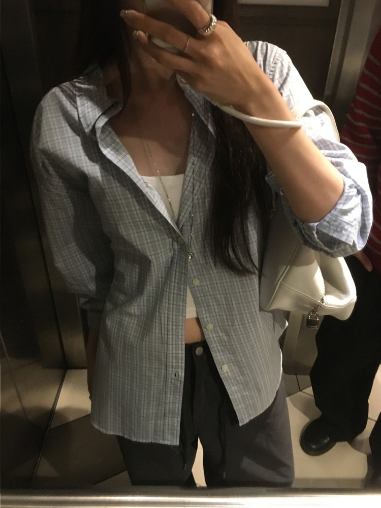 Unisex美色格紋寬鬆襯衫