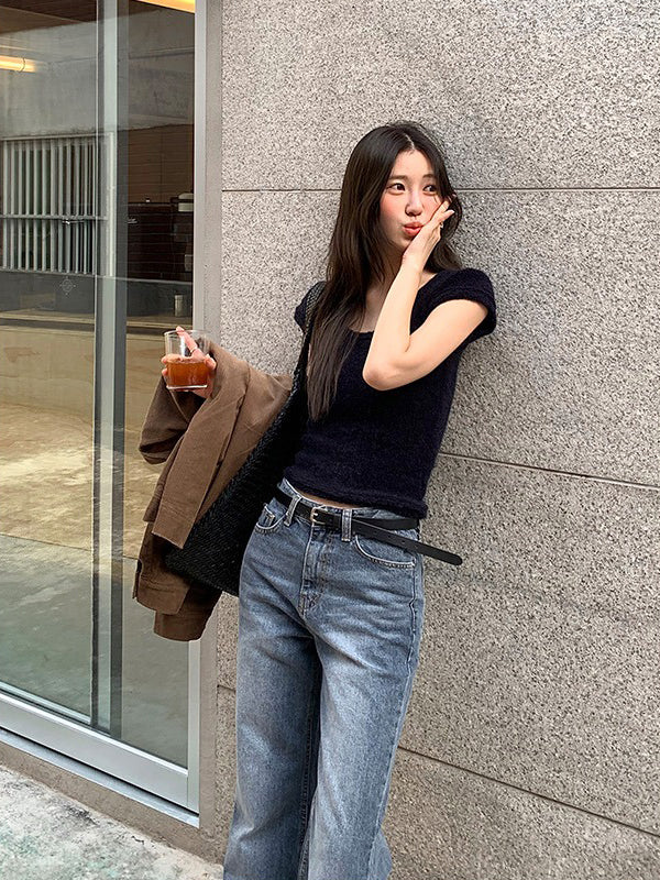 U領圈毛質感針織上衣