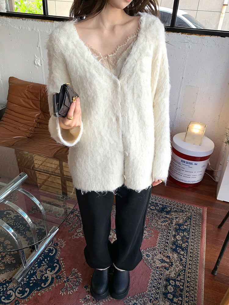 毛感細節排鈕寬鬆針織外套