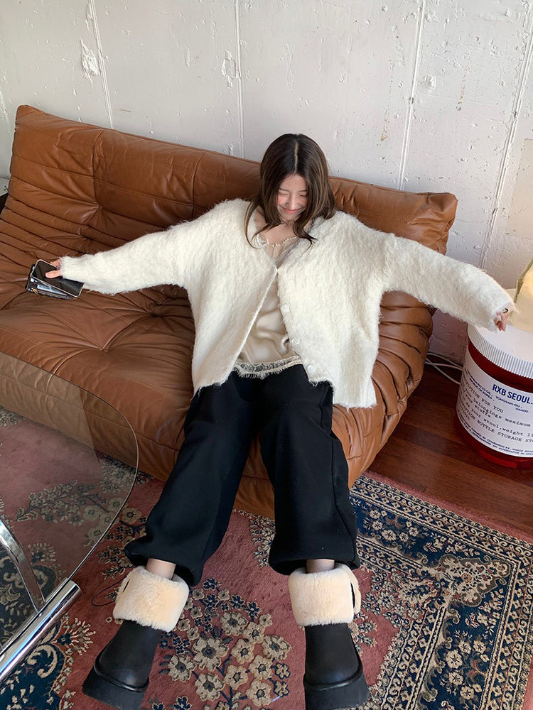 毛感細節排鈕寬鬆針織外套