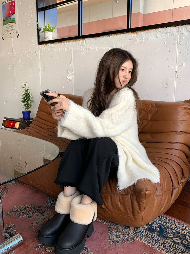 毛感細節排鈕寬鬆針織外套