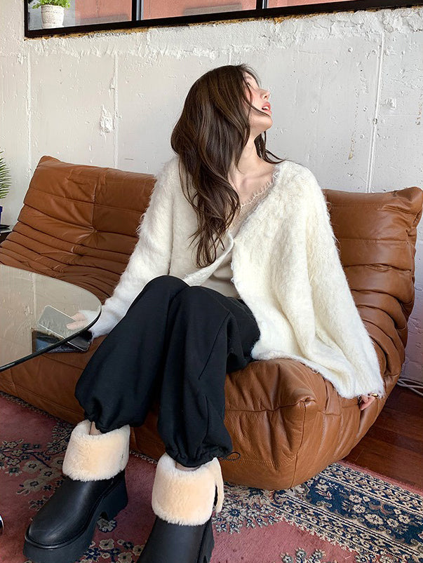 毛感細節排鈕寬鬆針織外套