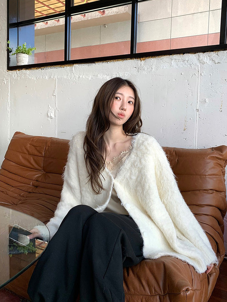 毛感細節排鈕寬鬆針織外套