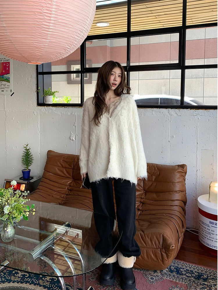 毛感細節排鈕寬鬆針織外套