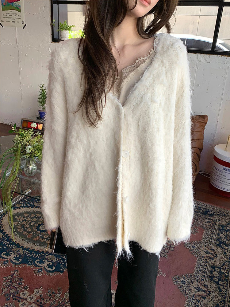 毛感細節排鈕寬鬆針織外套