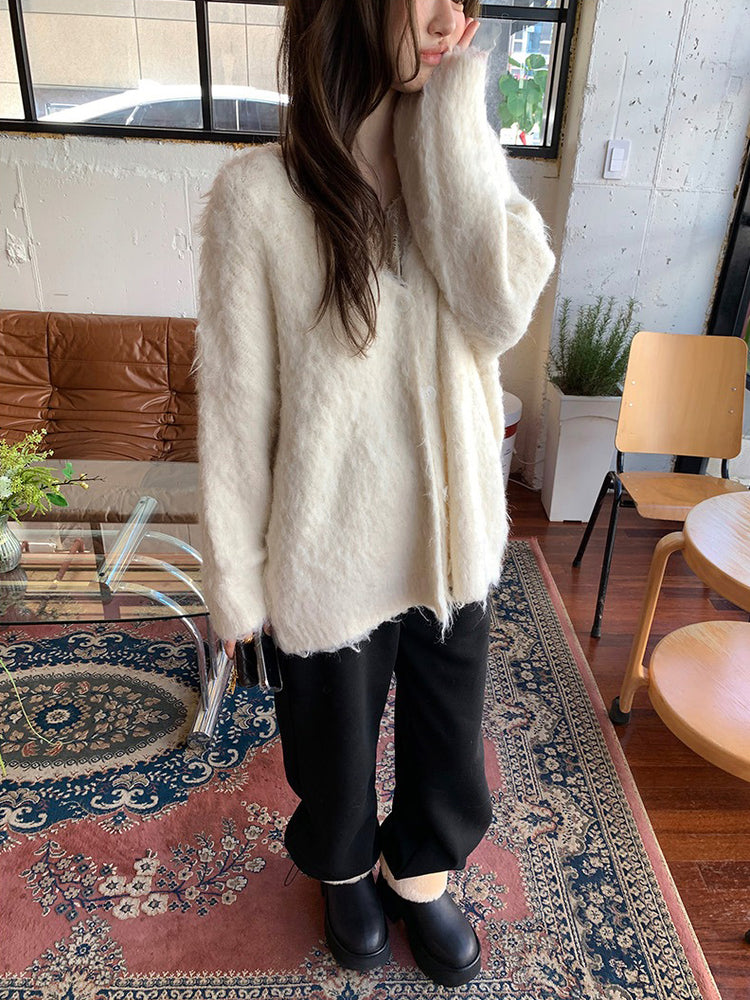 毛感細節排鈕寬鬆針織外套