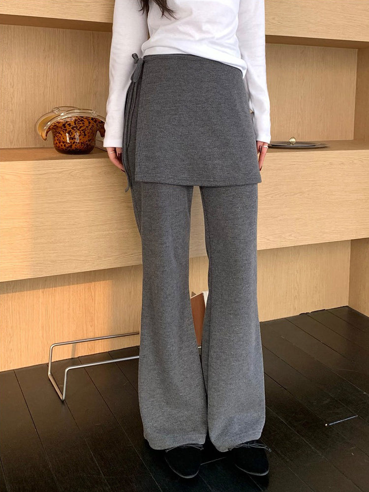 側綁帶細長腿假兩件裙褲