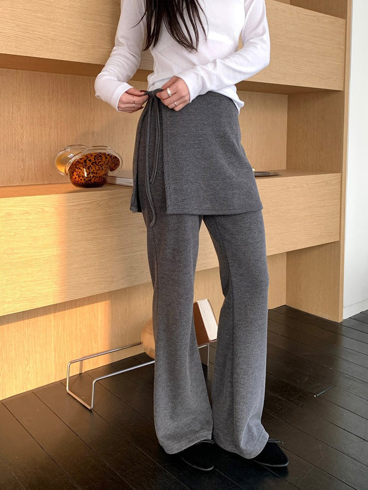 側綁帶細長腿假兩件裙褲