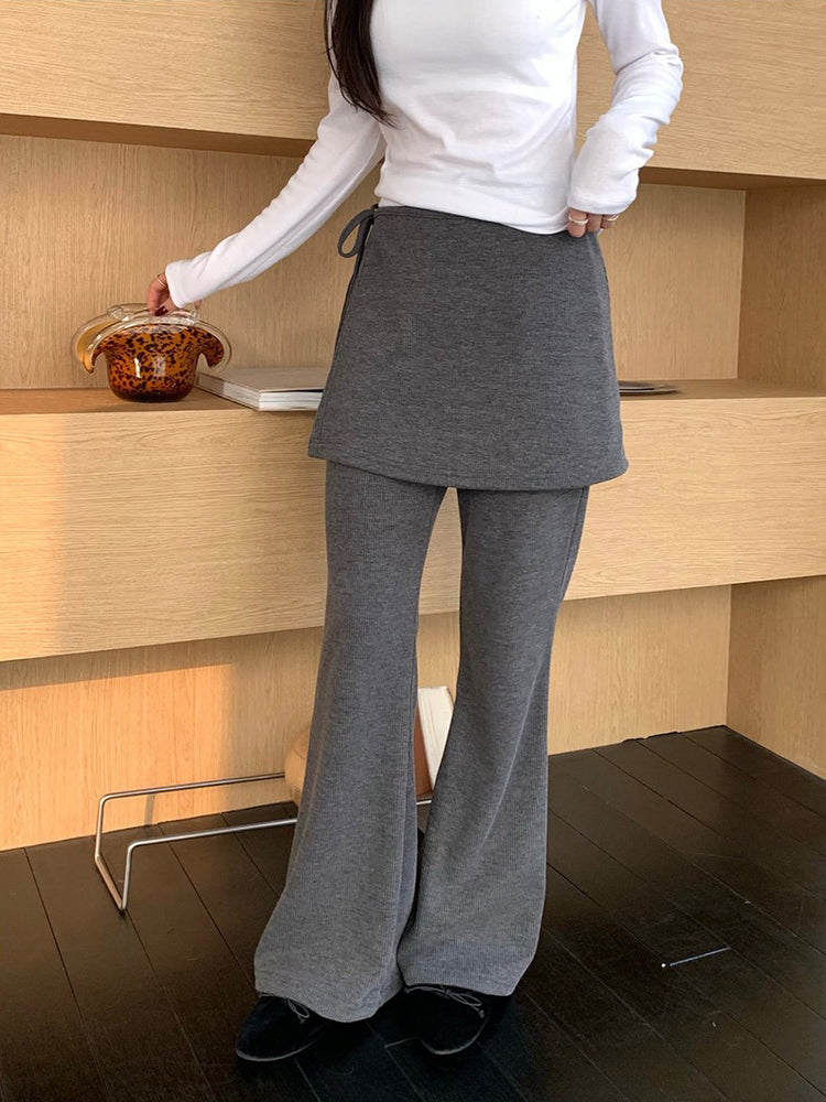 側綁帶細長腿假兩件裙褲