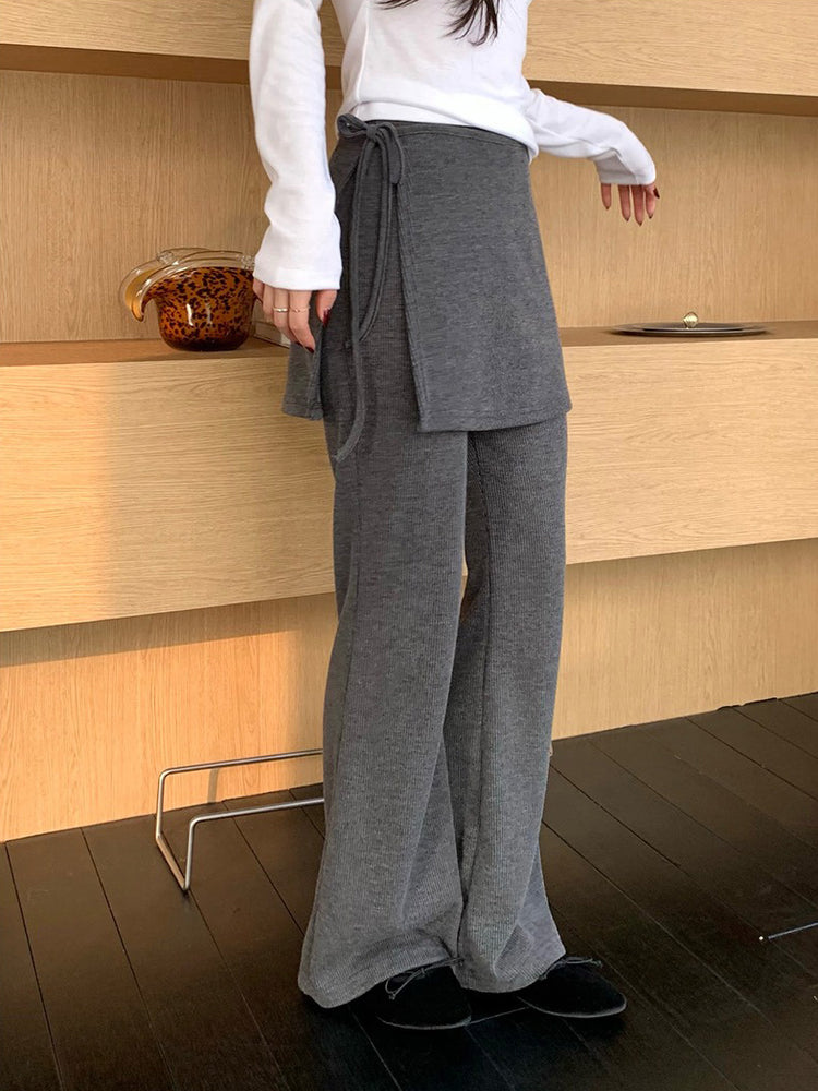 側綁帶細長腿假兩件裙褲