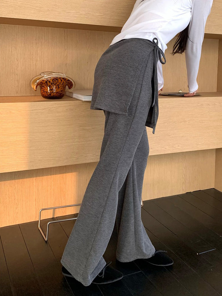 側綁帶細長腿假兩件裙褲