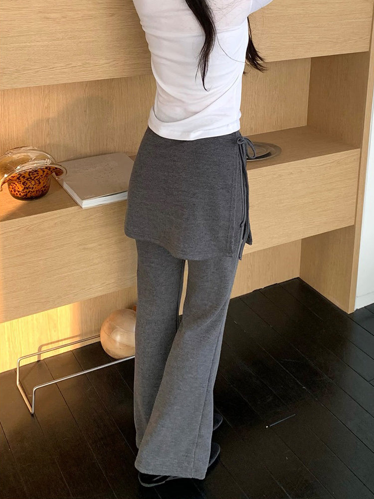 側綁帶細長腿假兩件裙褲