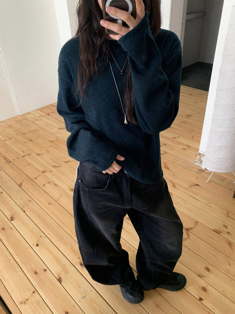 弧形側壓線廓形牛仔褲