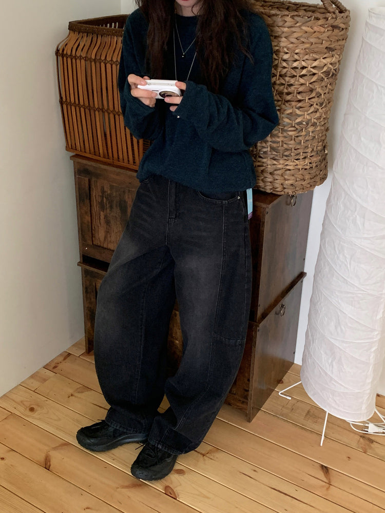 弧形側壓線廓形牛仔褲