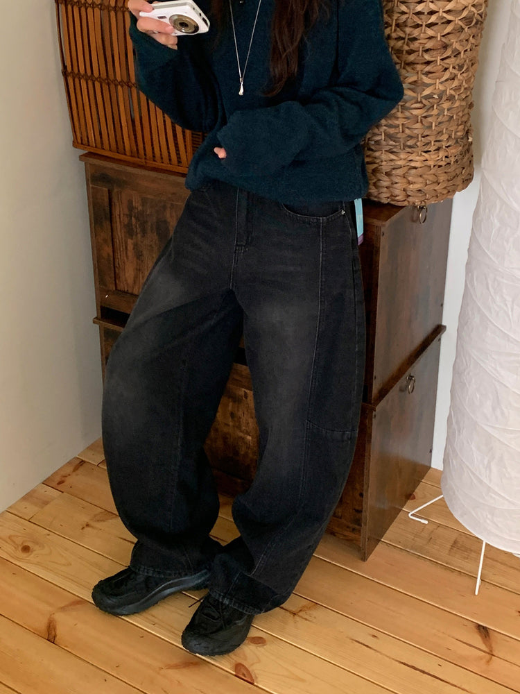 弧形側壓線廓形牛仔褲