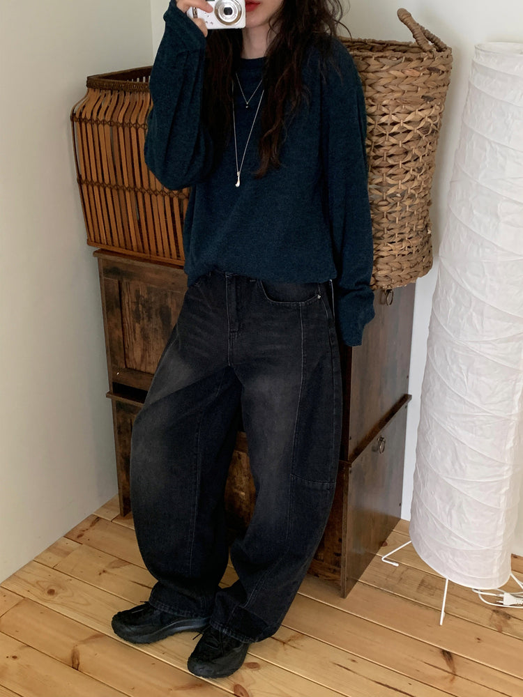 弧形側壓線廓形牛仔褲