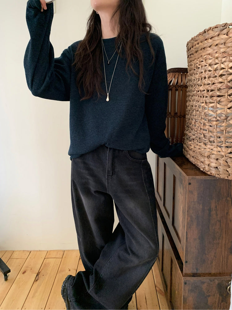 弧形側壓線廓形牛仔褲