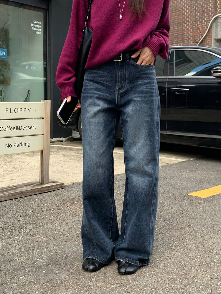 復古美刷色側前壓線細節牛仔褲