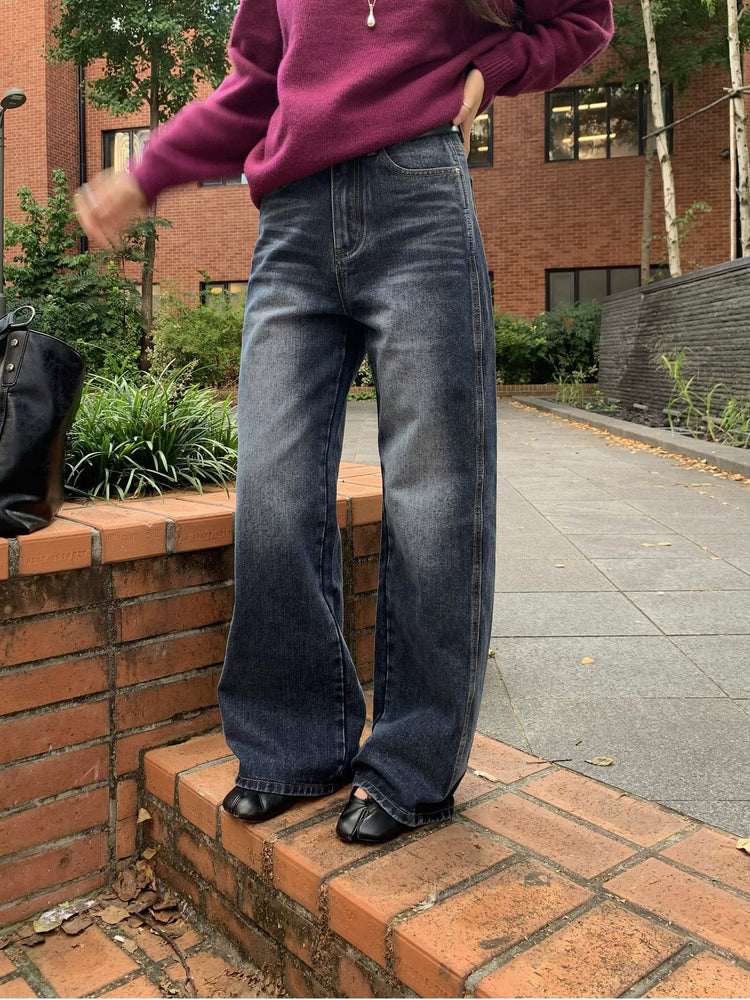 復古美刷色側前壓線細節牛仔褲