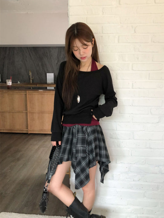 窩夫紋理美肩掛脖套裝