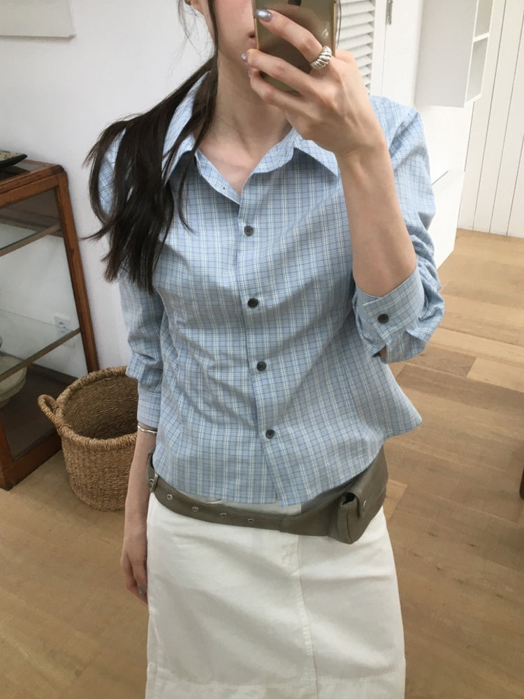 格紋修腰合身襯衫