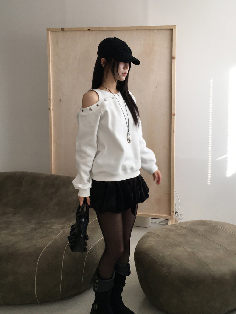 鉚釘圈細節假兩件美肩上衣