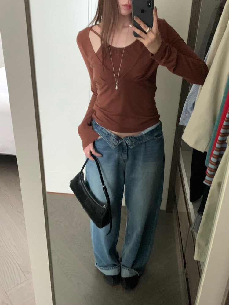 美鎖骨掛脖假兩件式上衣