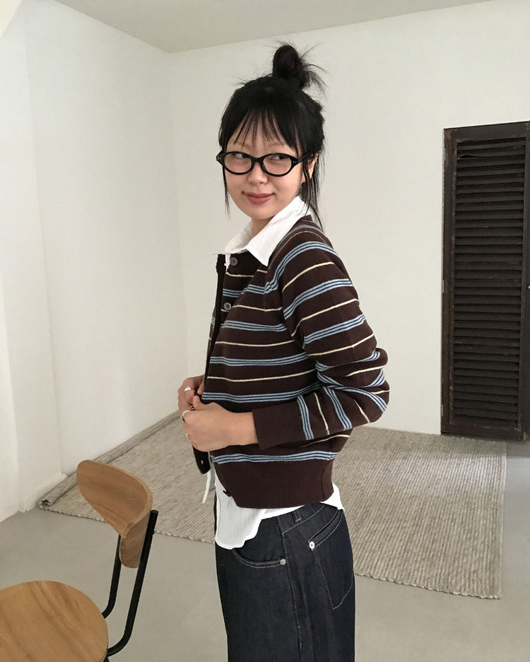 美色條紋排鈕針織外套