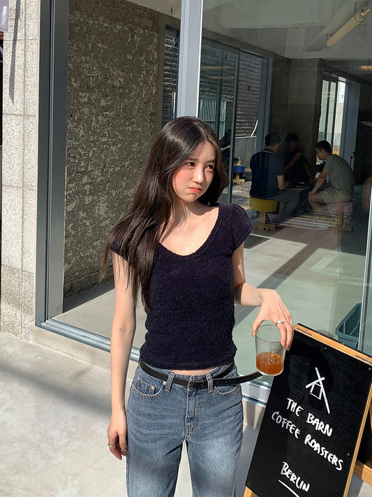 U領圈毛質感針織上衣